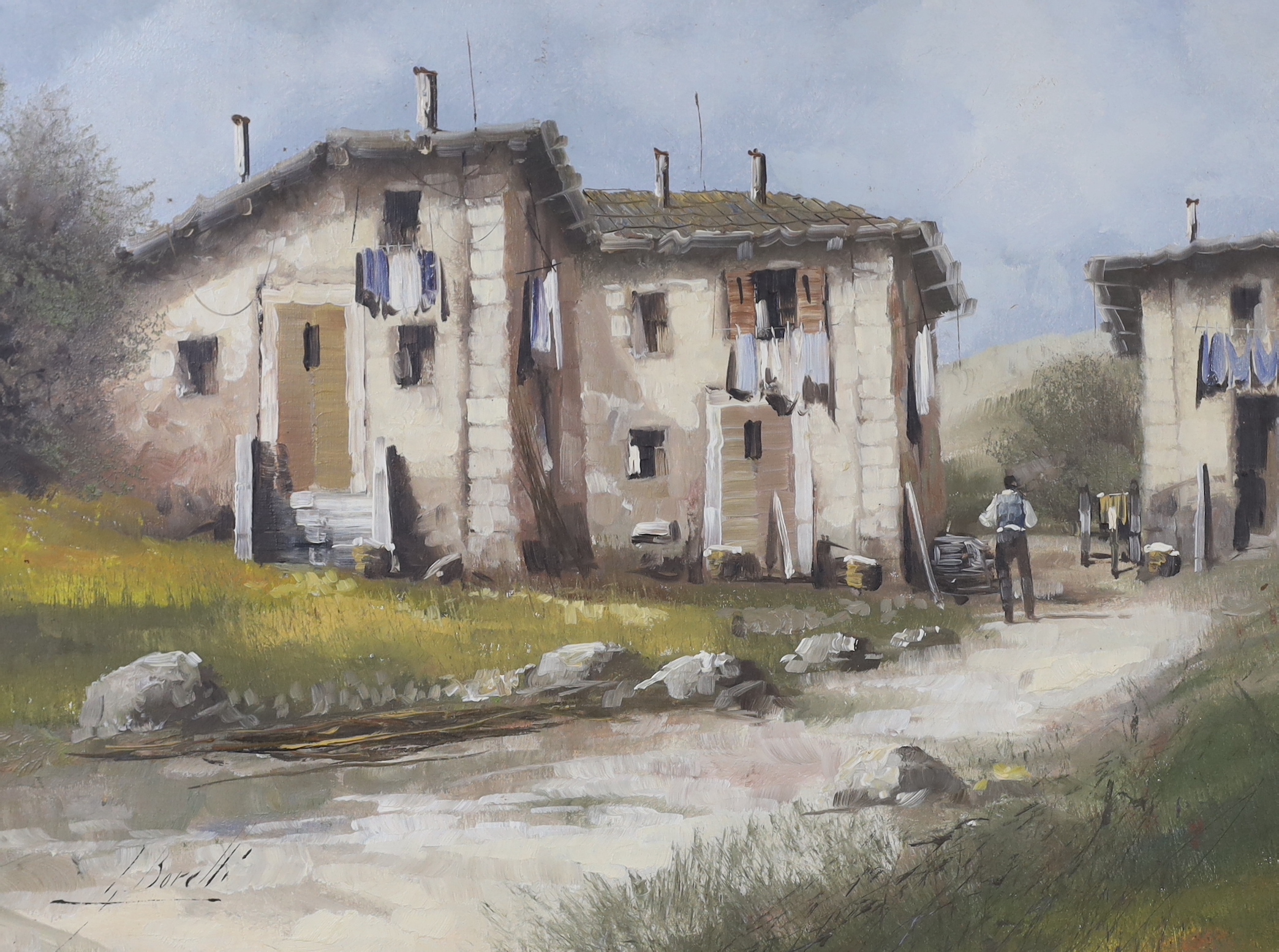 Guido Borelli (Italian b.1952), pair of oils on canvas, Rustic landscapes with villas, each inscribed in Italian verso, 39.5 x 29.5cm